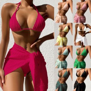 3-teiliges Neckholder-Badeanzug-Set für den Strand – einfarbiger, sexy rückenfreier Bikini mit Netzrock – Sommermode für Damen
