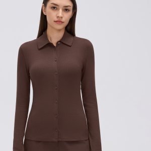 Kaffeebraunes Langarm Polo Yoga-Top für Damen