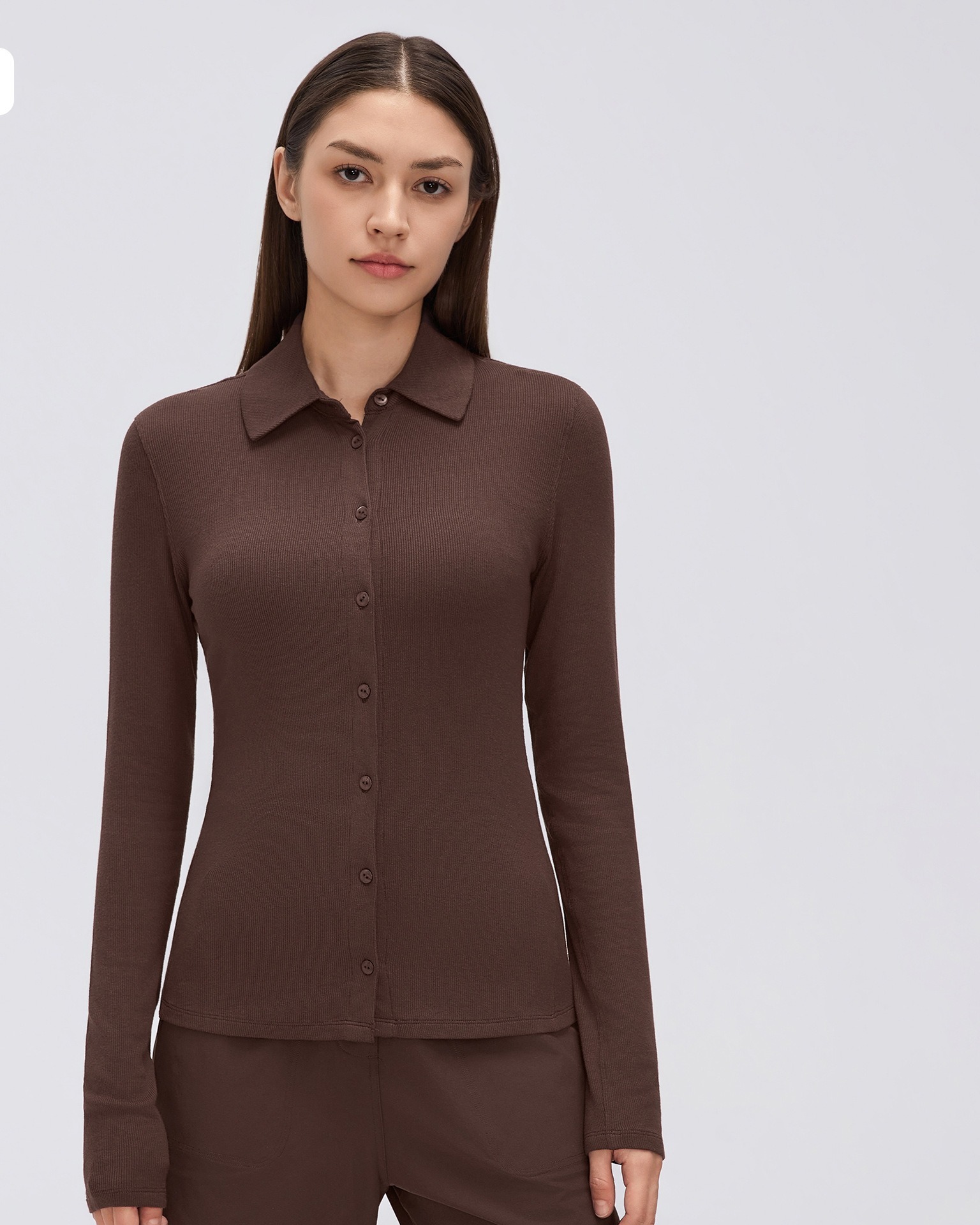 Kaffeebraunes Langarm Polo Yoga-Top für Damen