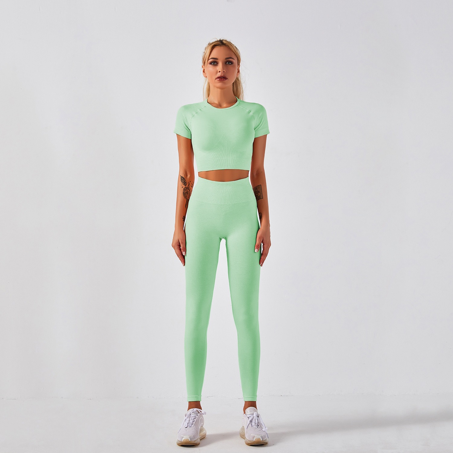 Yoga-Set Damen 2-teilig nahtlos - Crop-Top kurzarm + Leggings – Bild 6