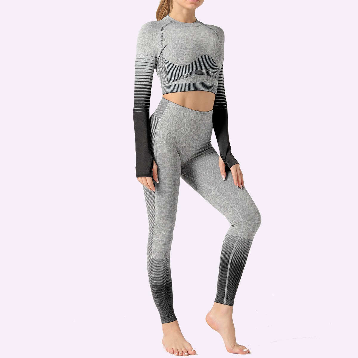 Yoga-Set Damen 2-teilig nahtlos - Crop-Top langarm + Leggings in Grau/Grün meliert – Bild 10