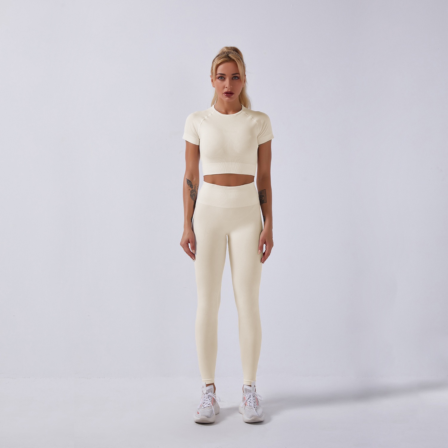 Yoga-Set Damen 2-teilig nahtlos - Crop-Top kurzarm + Leggings – Bild 2