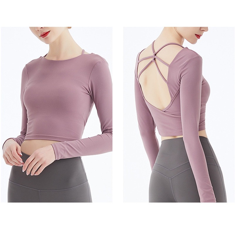 Yoga-Top Damen langarm mit offenem Rücken – Langarmshirt mit Träger-Detail – Bild 3