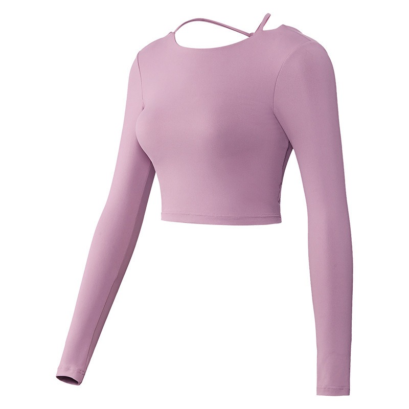 Yoga-Top Damen langarm mit offenem Rücken – Langarmshirt mit Träger-Detail