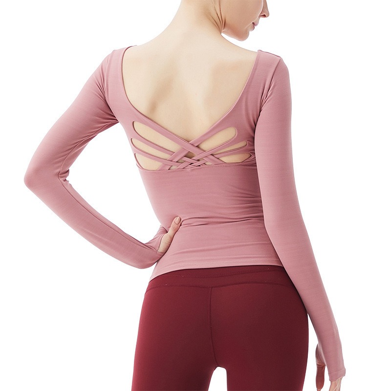 Yoga Langarmshirt Damen – Top mit Brustpolster & gekreuztem Rücken – Bild 6