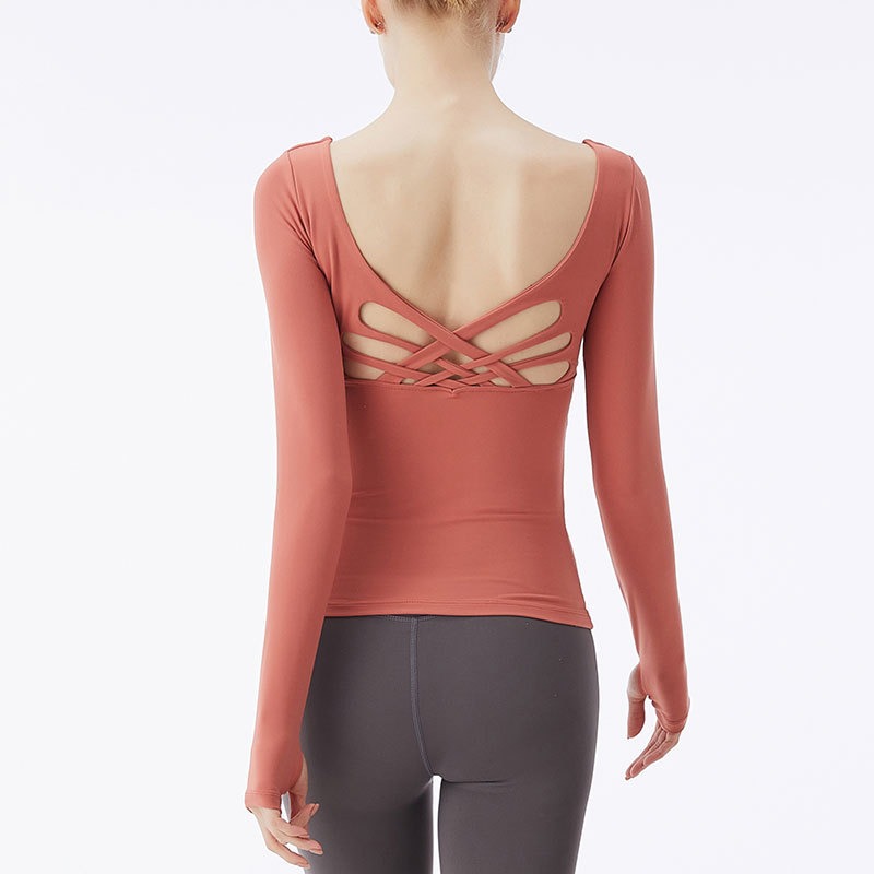 Yoga Langarmshirt Damen – Top mit Brustpolster & gekreuztem Rücken – Bild 3