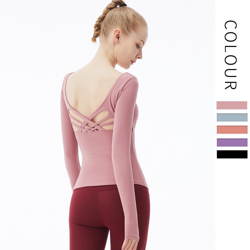 Yoga Langarmshirt Damen – Top mit Brustpolster & gekreuztem Rücken