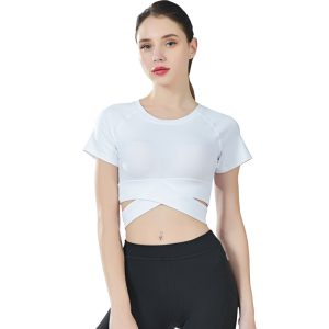 Yoga Crop Top Damen kurzarm – Crossover-Top aus Nylon & Elastan