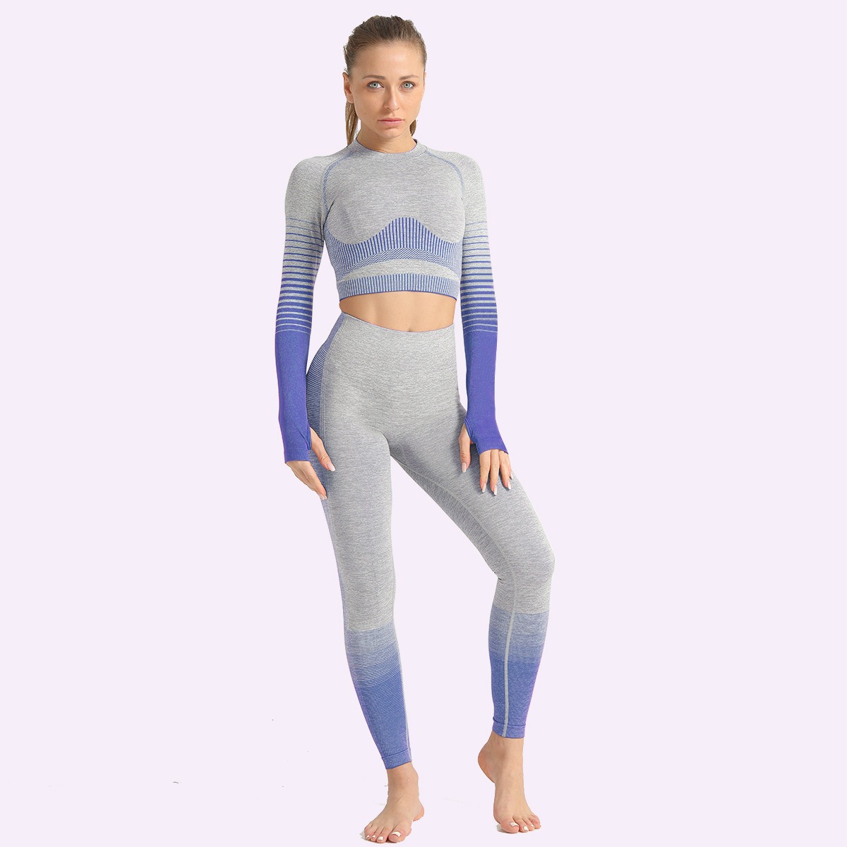 Yoga-Set Damen 2-teilig nahtlos - Crop-Top langarm + Leggings in Grau/Grün meliert – Bild 5