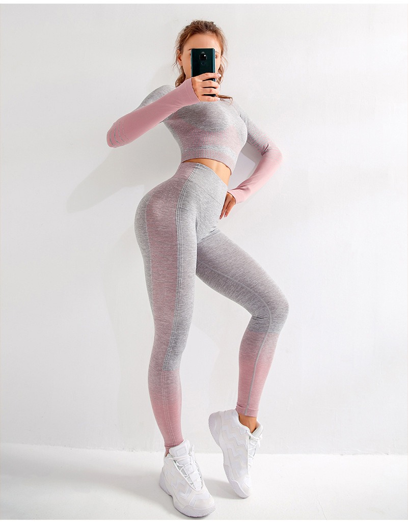 Yoga-Set Damen 2-teilig nahtlos - Crop-Top langarm + Leggings in Grau/Grün meliert – Bild 6