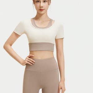 Yoga-Set Damen 2-teilig Colorblock – Kurzarm-Top mit Leggings