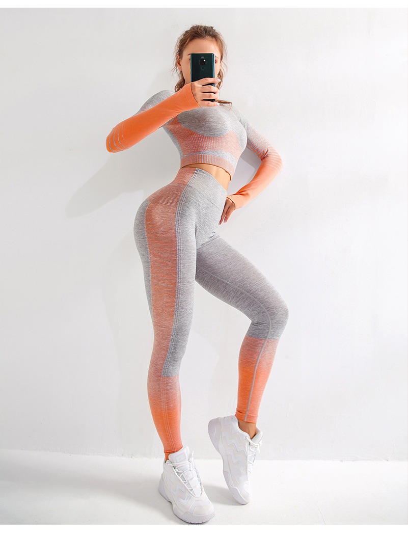 Yoga-Set Damen 2-teilig nahtlos - Crop-Top langarm + Leggings in Grau/Grün meliert – Bild 8