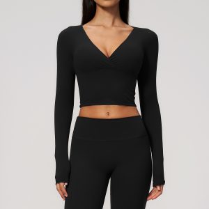 Langarm Yoga-Shirt Damen – Wickel-V-Ausschnitt Crop Top