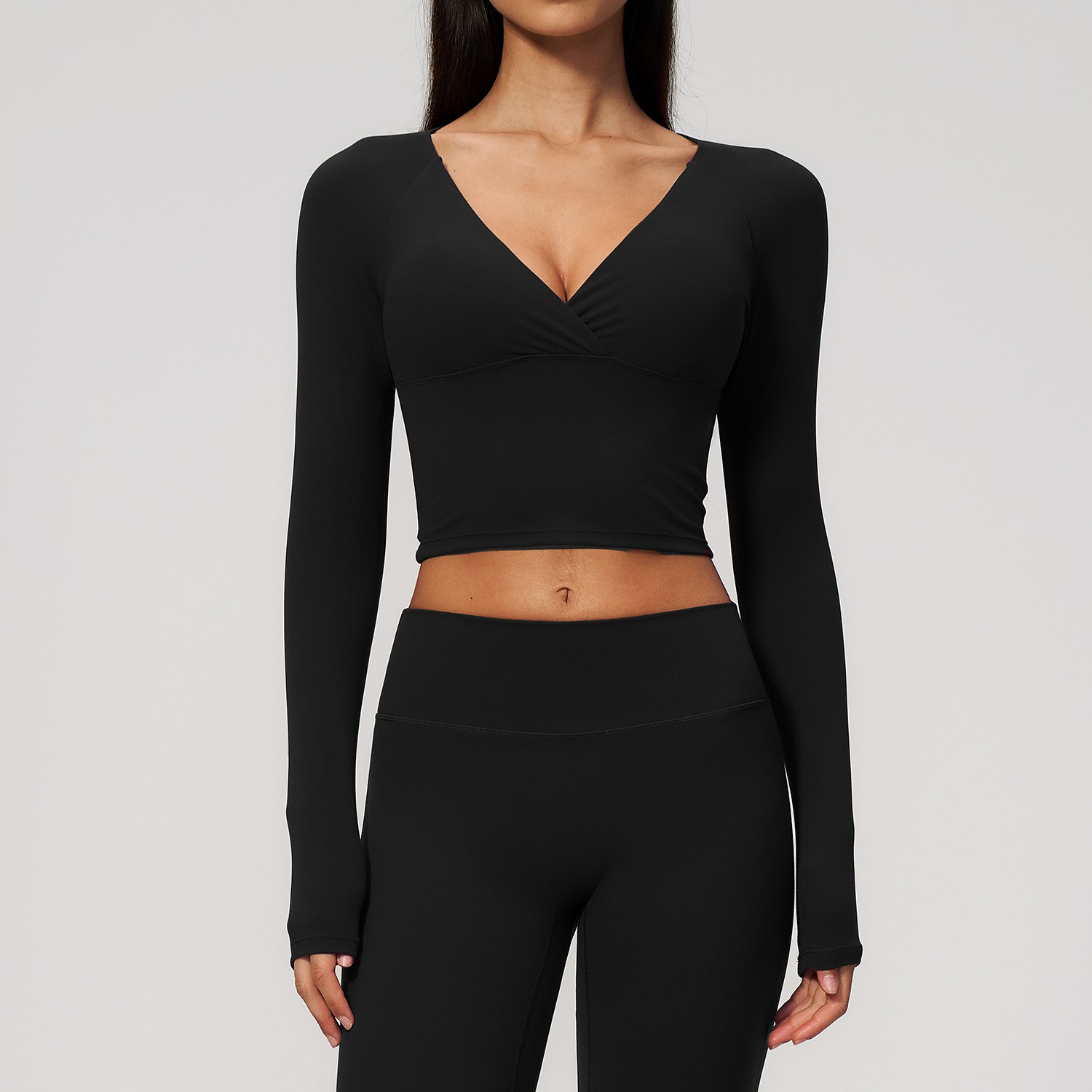 Langarm Yoga-Shirt Damen – Wickel-V-Ausschnitt Crop Top