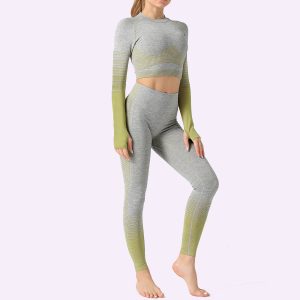 Yoga-Set Damen 2-teilig nahtlos - Crop-Top langarm + Leggings in Grau/Grün meliert