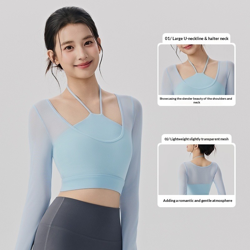 Yoga-Top Damen langarm im 2-in-1-Look – mit integriertem Sport-BH und Mesh – Bild 7