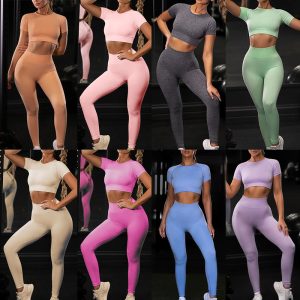 Yoga-Set Damen 2-teilig nahtlos - Crop-Top kurzarm + Leggings