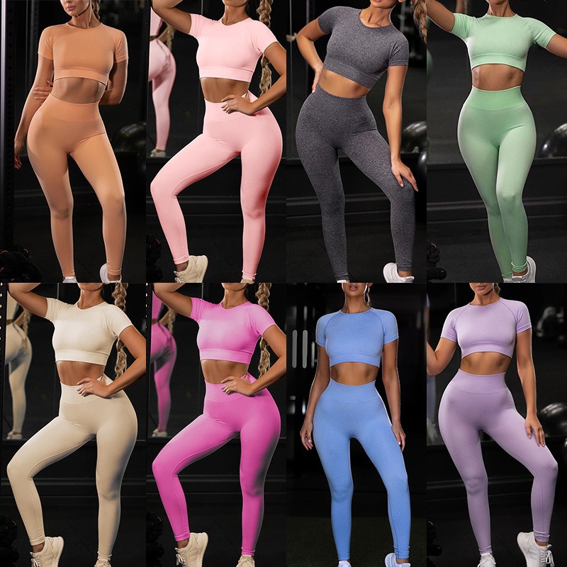 Yoga-Set Damen 2-teilig nahtlos - Crop-Top kurzarm + Leggings