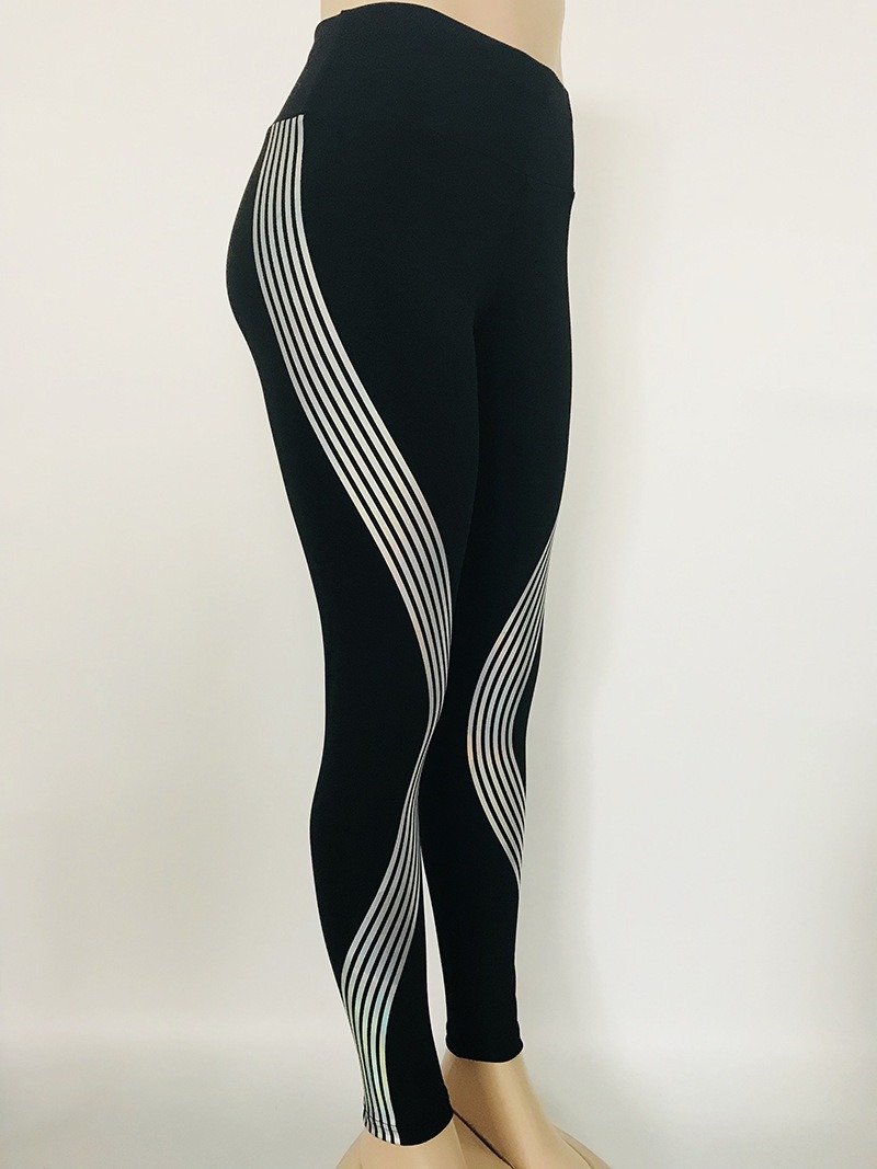 Sport-Leggings Damen High Waist - Schwarze Leggings mit reflektierenden Laser-Streifen – Bild 3
