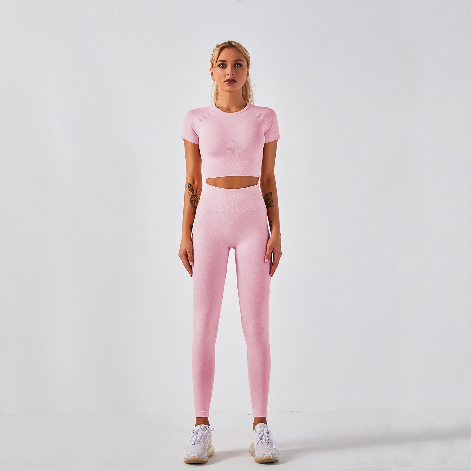 Yoga-Set Damen 2-teilig nahtlos - Crop-Top kurzarm + Leggings – Bild 5