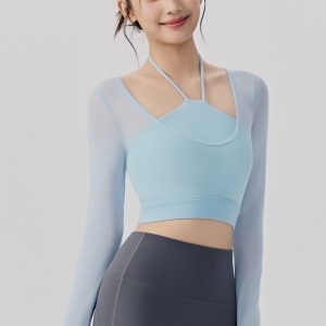 Yoga-Top Damen langarm im 2-in-1-Look – mit integriertem Sport-BH und Mesh