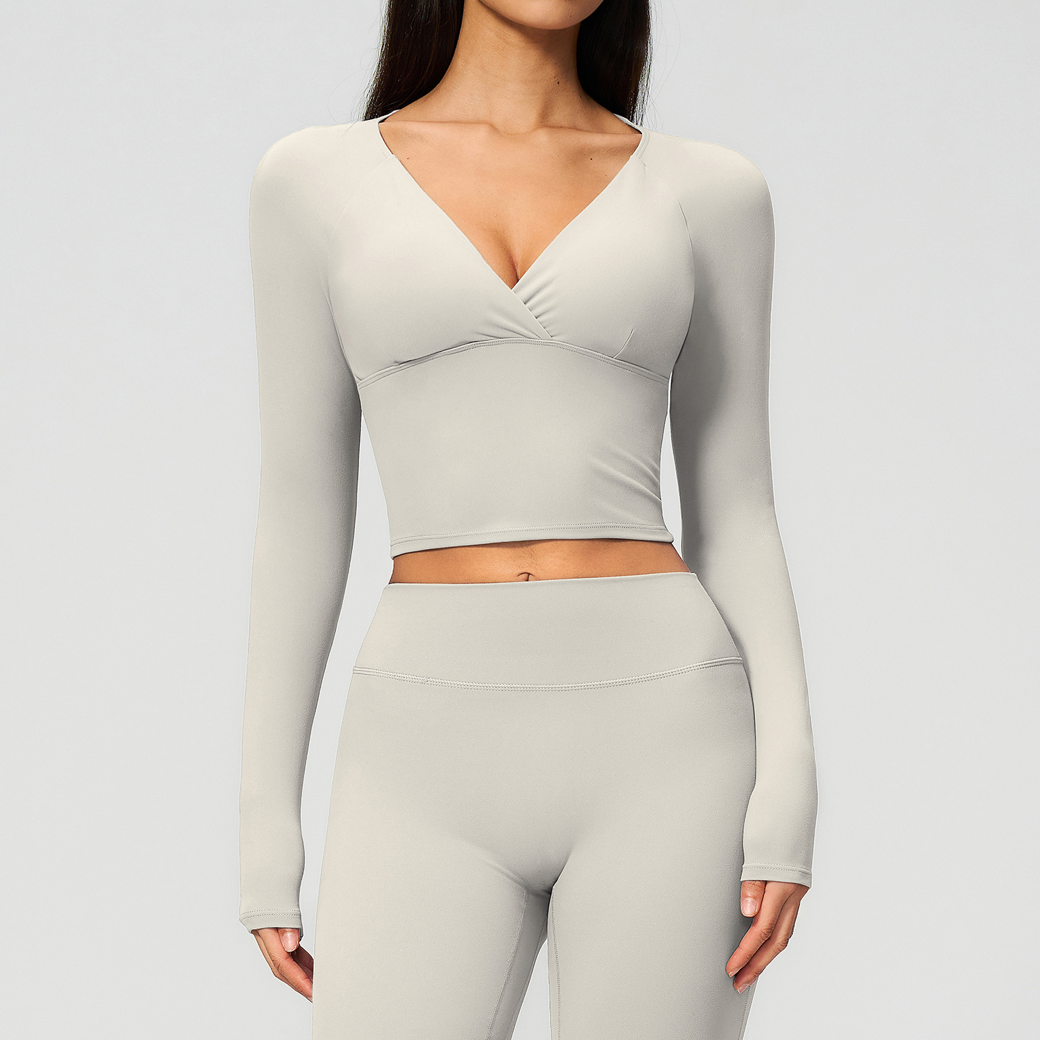 Langarm Yoga-Shirt Damen – Wickel-V-Ausschnitt Crop Top – Bild 5
