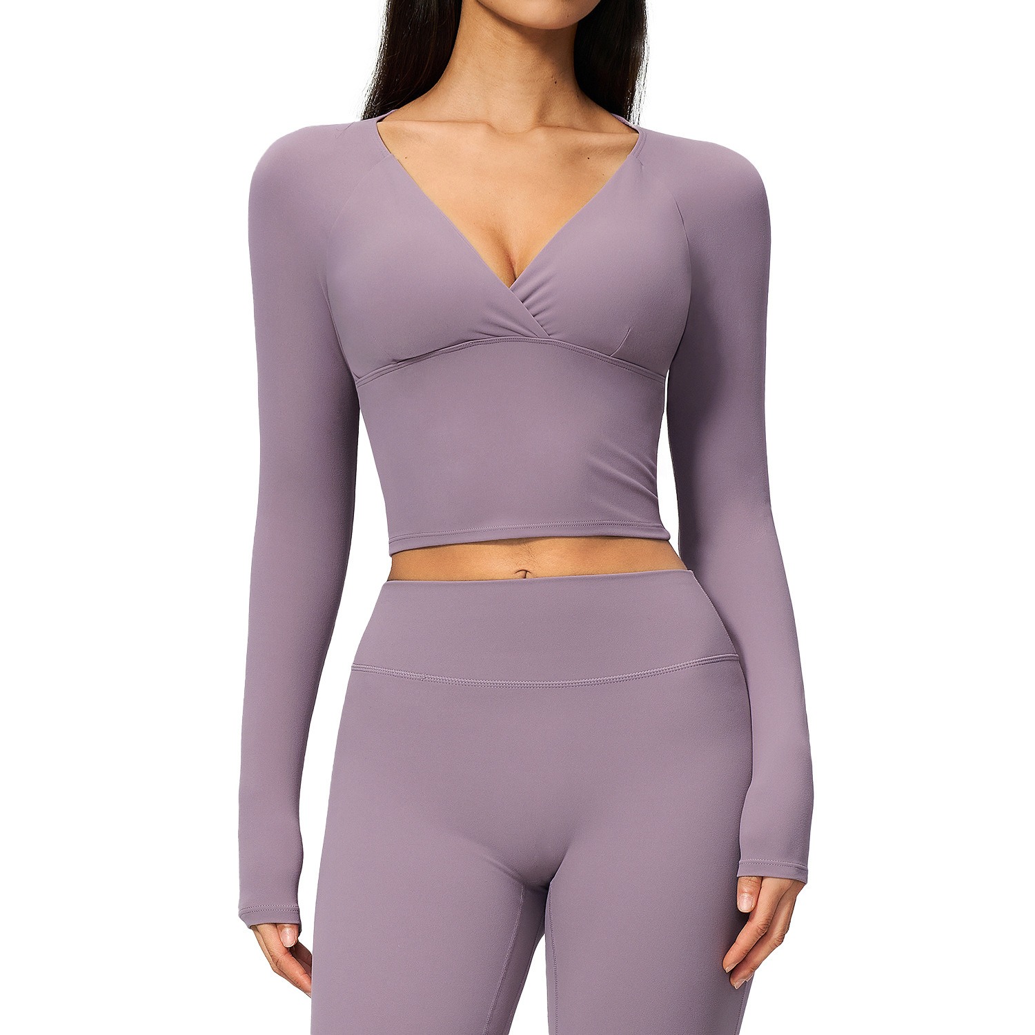 Langarm Yoga-Shirt Damen – Wickel-V-Ausschnitt Crop Top – Bild 2