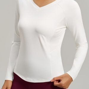 Weißes Langarm Yoga-Top mit V-Ausschnitt für Damen
