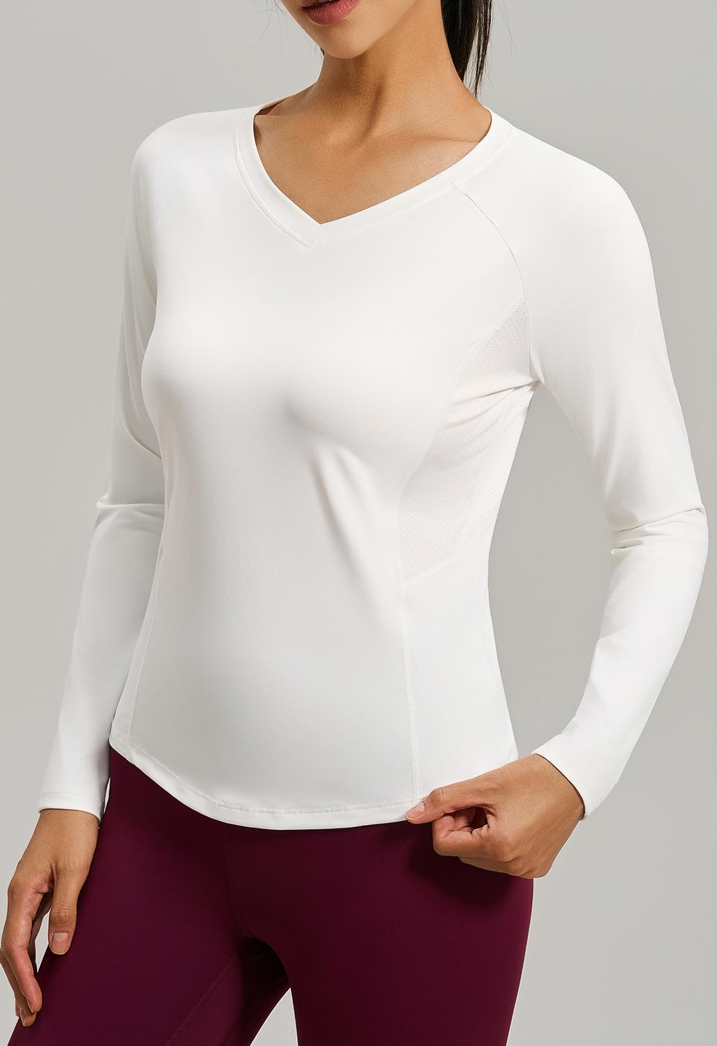 Weißes Langarm Yoga-Top mit V-Ausschnitt für Damen