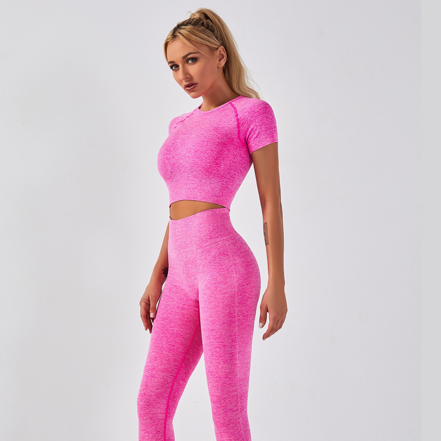 Yoga-Set Damen 2-teilig nahtlos - Crop-Top kurzarm + Leggings – Bild 9