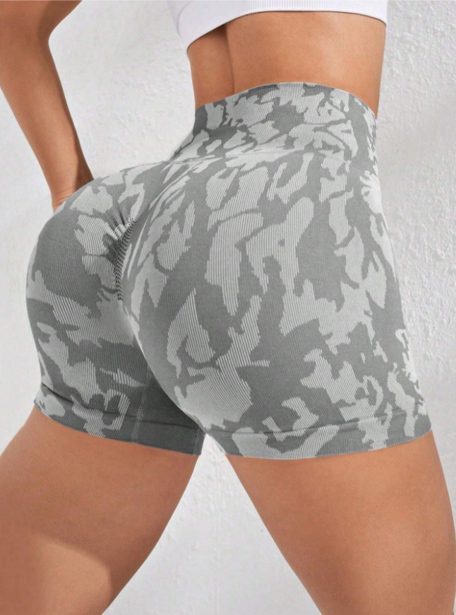 Yoga-Shorts Damen - enge Shorts im grauen Tarnmuster (Tie-dye/Camo) – Bild 7