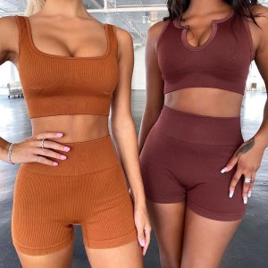 Yoga Set Damen 2-teilig gerippt – Sport-BH & High-Waist Shorts nahtlos