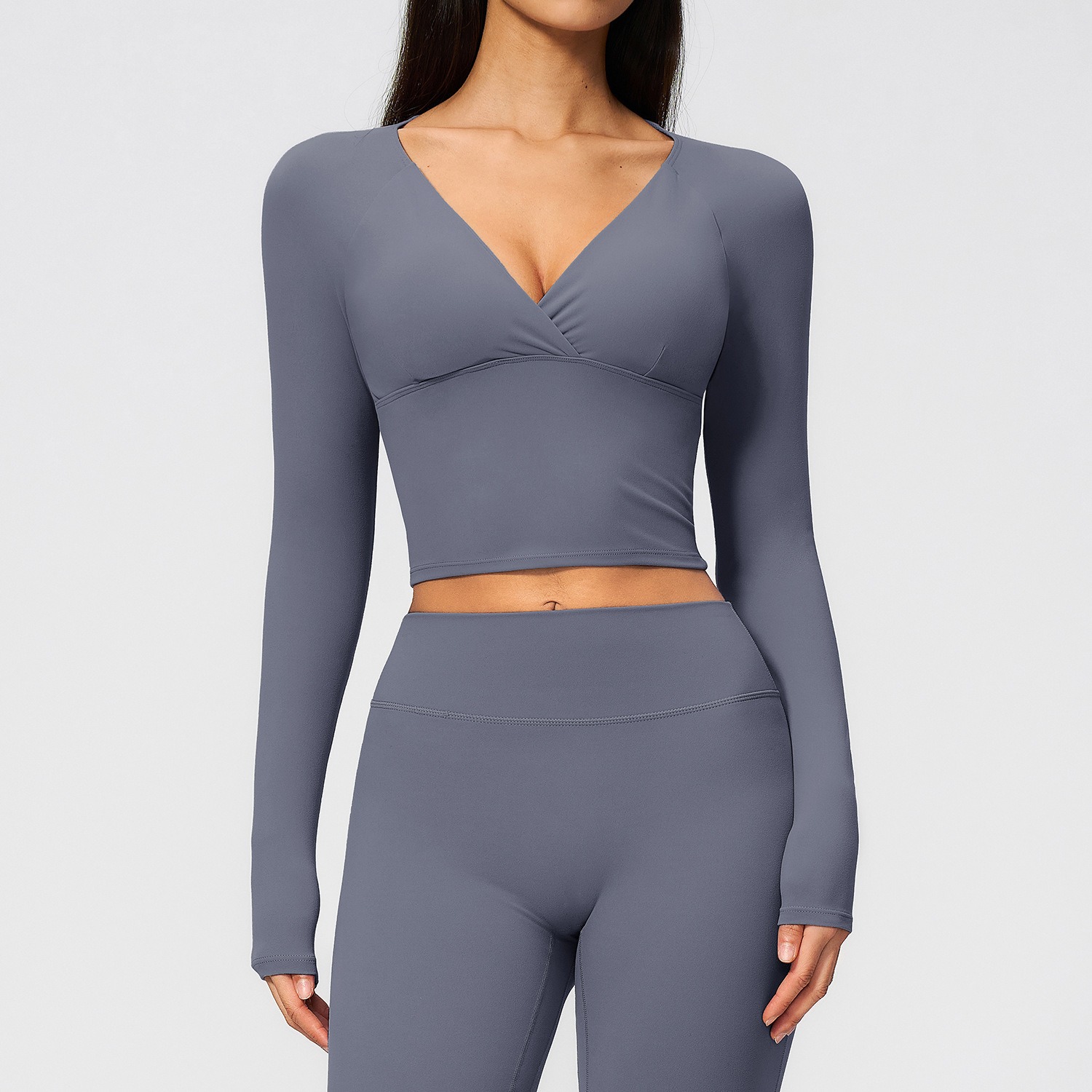 Langarm Yoga-Shirt Damen – Wickel-V-Ausschnitt Crop Top – Bild 4