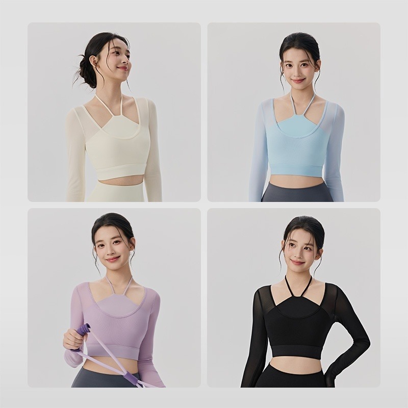 Yoga-Top Damen langarm im 2-in-1-Look – mit integriertem Sport-BH und Mesh – Bild 6