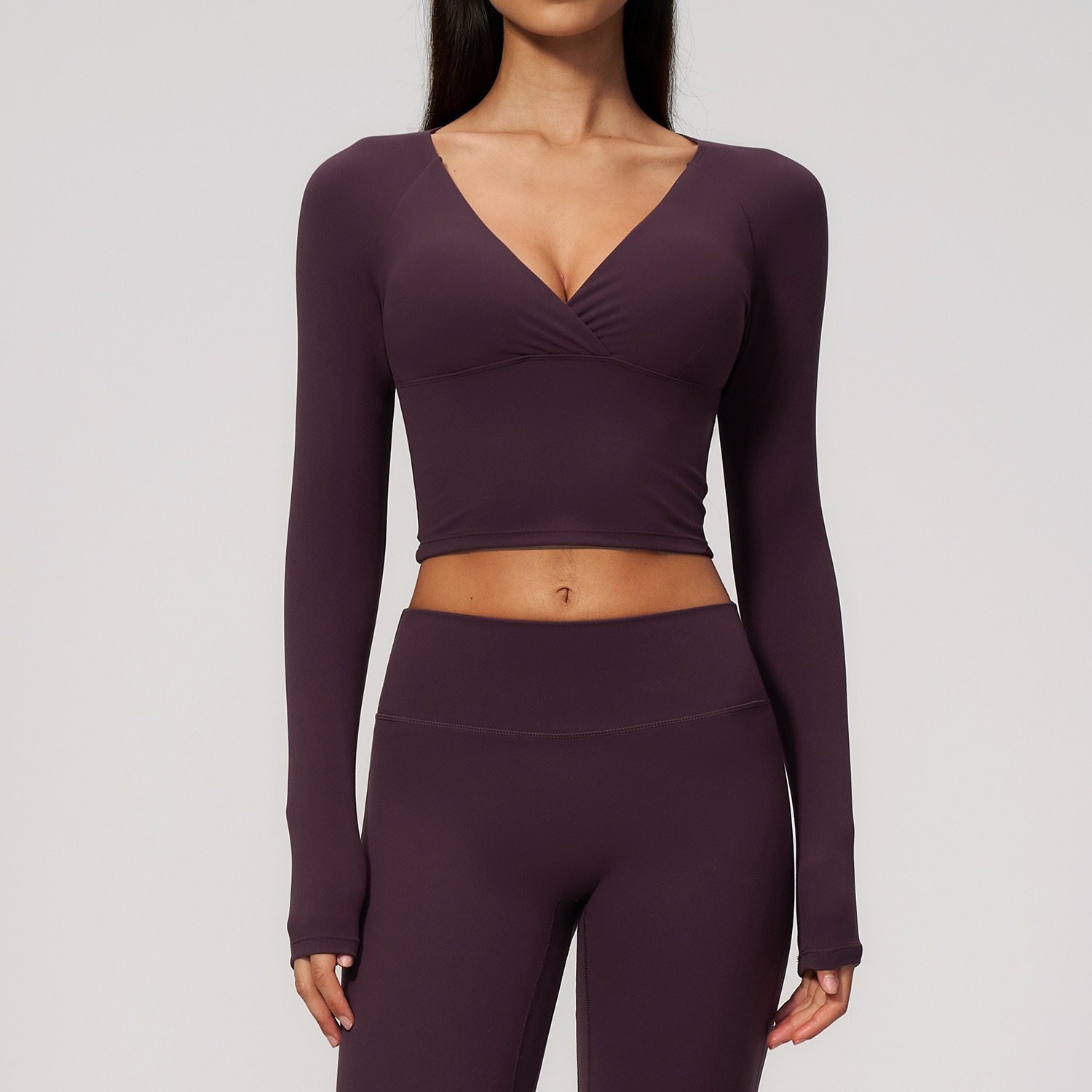 Langarm Yoga-Shirt Damen – Wickel-V-Ausschnitt Crop Top – Bild 3