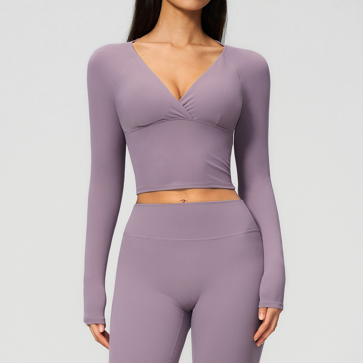 Langarm Yoga-Shirt Damen – Wickel-V-Ausschnitt Crop Top – Bild 6