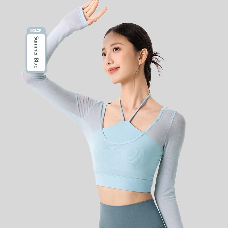 Yoga-Top Damen langarm im 2-in-1-Look – mit integriertem Sport-BH und Mesh – Bild 2