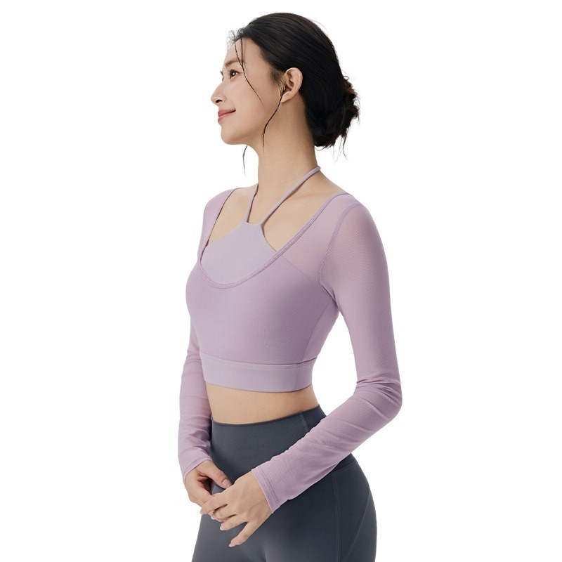 Yoga-Top Damen langarm im 2-in-1-Look – mit integriertem Sport-BH und Mesh – Bild 5