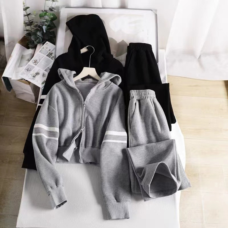 Yoga-Set Damen Waffelstrick – Cardigan-Set mit Kapuze